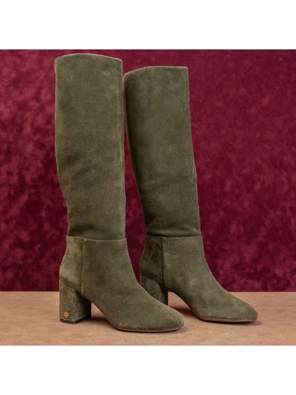 Tory Burch Women Brooke Slouch Slip-on Green Suede Block heel Knee Boots sz 7